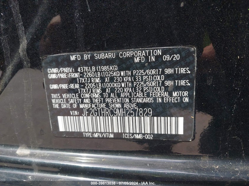 VIN JF2GTHRC9MH257829 2021 SUBARU CROSSTREK SPORT