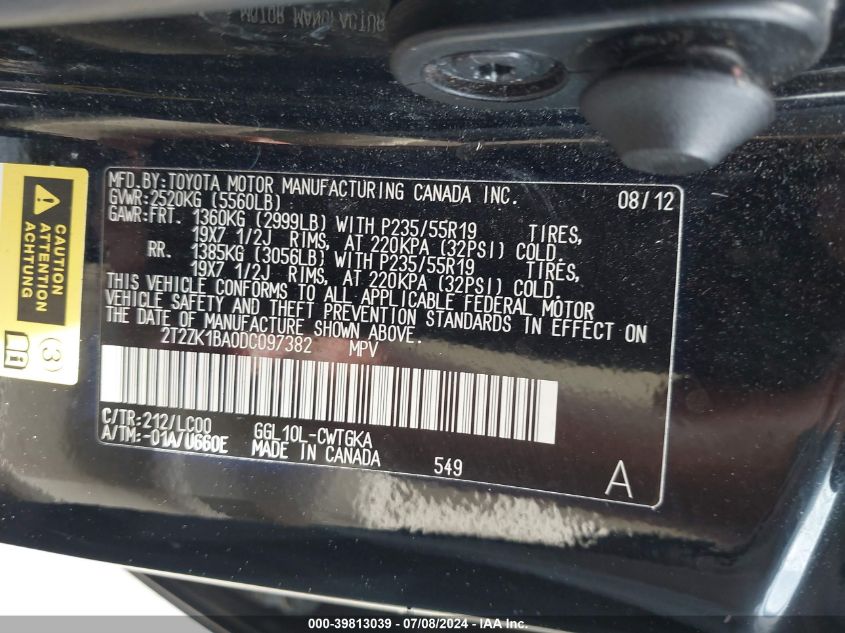 2T2ZK1BA0DC097382 2013 Lexus Rx 350