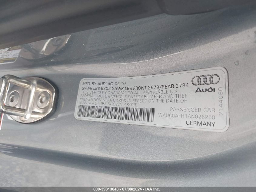 2010 Audi S5 3.0 Premium Plus VIN: WAUCGAFH1AN026250 Lot: 39813043