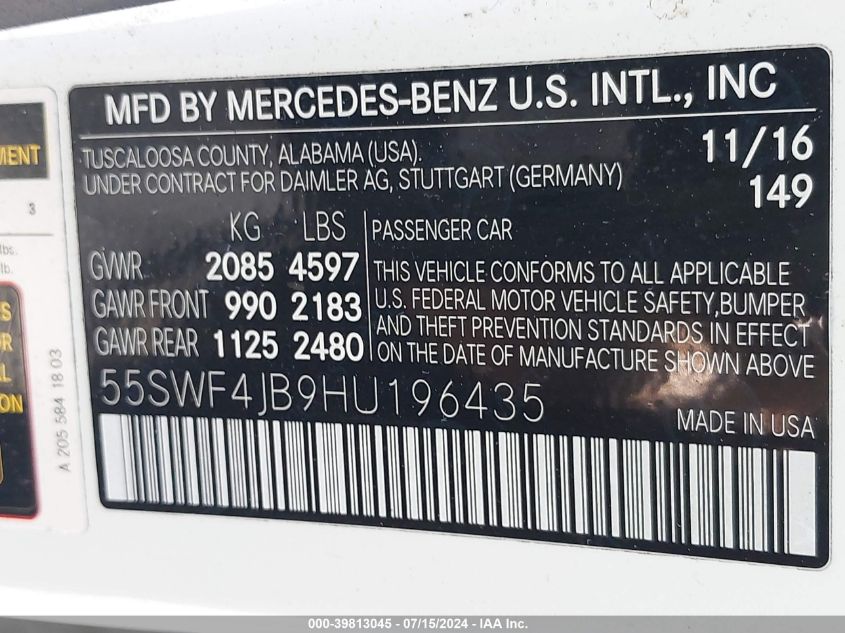 2017 Mercedes-Benz C 300 Luxury/Sport VIN: 55SWF4JB9HU196435 Lot: 39813045