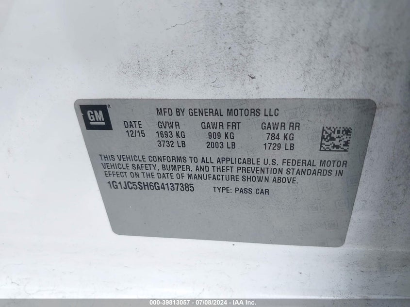 2016 Chevrolet Sonic Lt Auto VIN: 1G1JC5SH6G4137385 Lot: 39813057