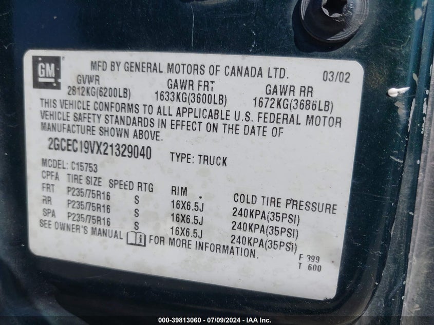 2002 Chevrolet Silverado C1500 VIN: 2GCEC19VX21329040 Lot: 39813060