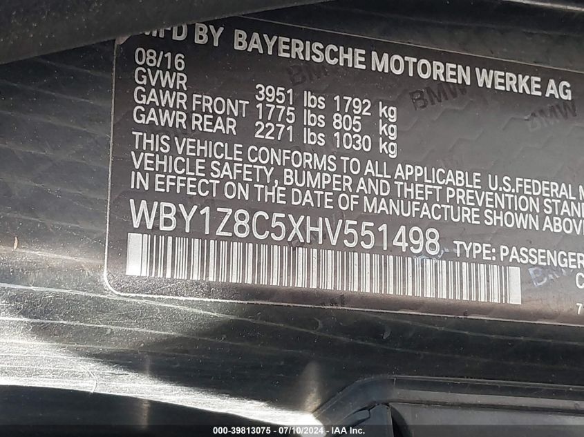 2017 BMW I3 94 Ah W/Range Extender VIN: WBY1Z8C5XHV551498 Lot: 73025394