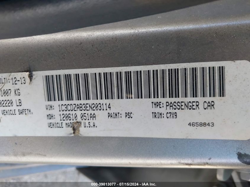 2014 Dodge Avenger Se VIN: 1C3CDZAB3EN203114 Lot: 39813077