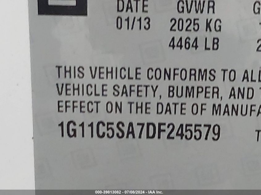 2013 Chevrolet Malibu 1Lt VIN: 1G11C5SA7DF245579 Lot: 39813082