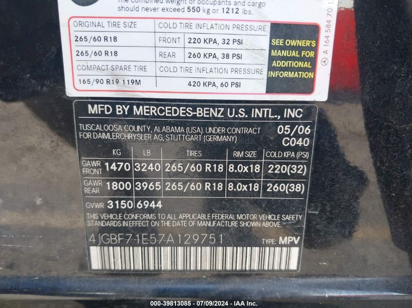 2007 Mercedes-Benz Gl 450 4Matic VIN: 4JGBF71E57A129751 Lot: 39813085