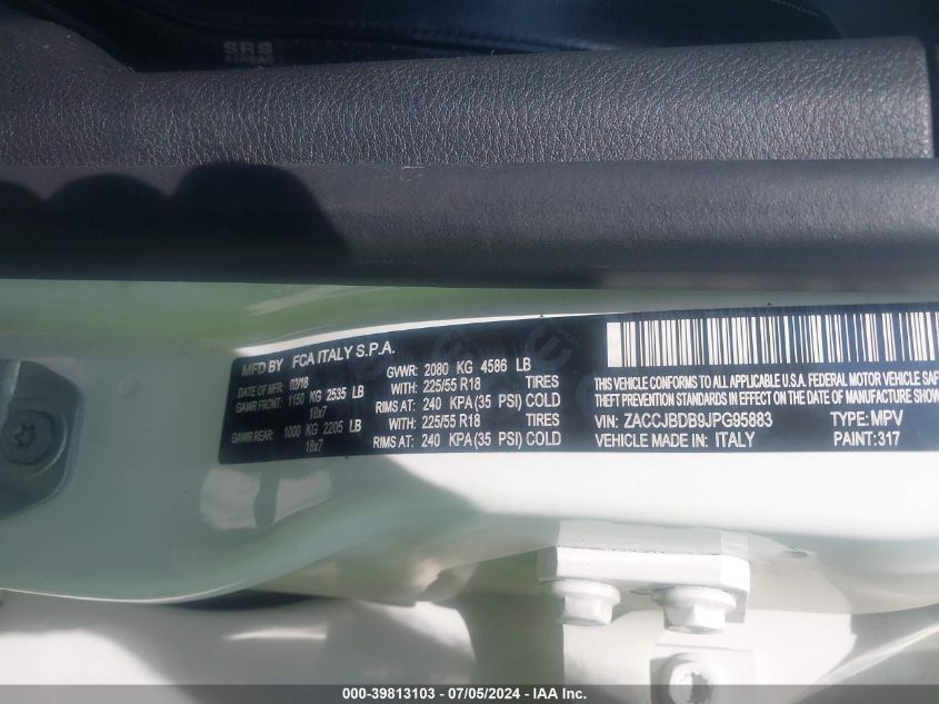 2018 Jeep Renegade Limited 4X4 VIN: ZACCJBDB9JPG95883 Lot: 39813103