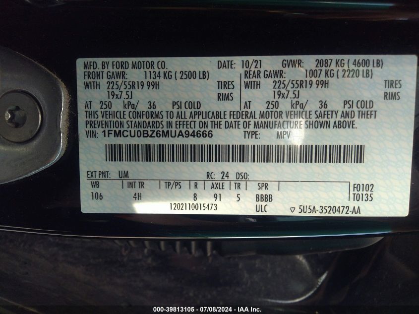 2021 Ford Escape Se Hybrid VIN: 1FMCU0BZ6MUA94666 Lot: 39813105