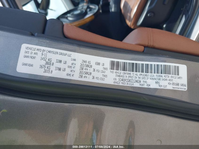 2012 Jeep Grand Cherokee Overland VIN: 1C4RJFCG8CC124634 Lot: 39813111