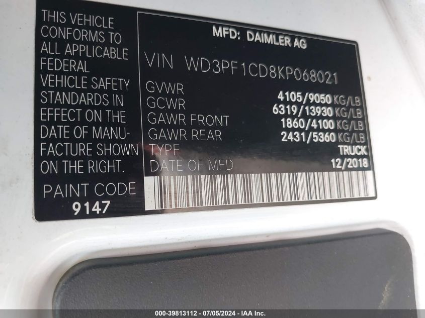 2019 Mercedes-Benz Sprinter 2500 High Roof V6 VIN: WD3PF1CD8KP068021 Lot: 39813112