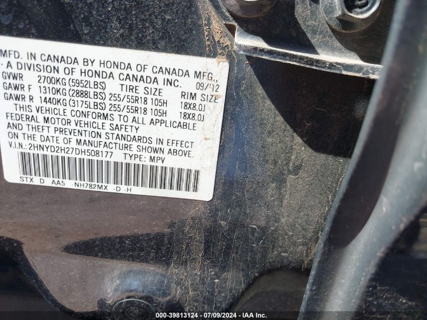 2013 Acura Mdx VIN: 2HNYD2H27DH508177 Lot: 39813124