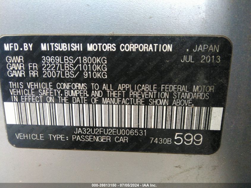 2014 Mitsubishi Lancer Es VIN: JA32U2FU2EU006531 Lot: 39813150