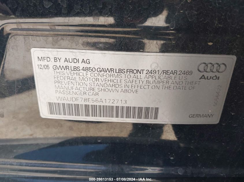 2006 Audi A4 2.0T VIN: WAUDF78E56A172713 Lot: 39813153