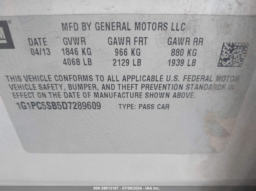 2013 Chevrolet Cruze 1Lt Auto VIN: 1G1PC5SB5D7289609 Lot: 39813167