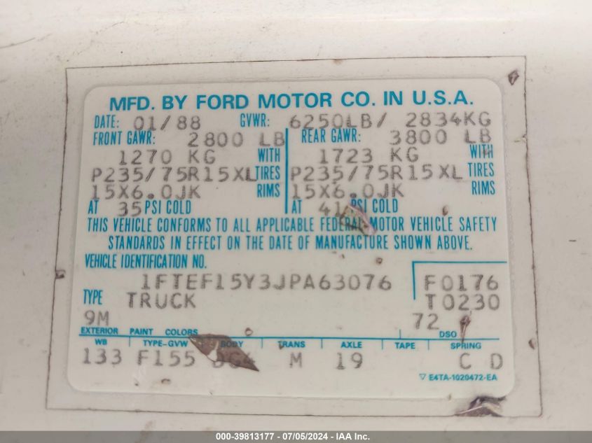 1988 Ford F150 VIN: 1FTEF15Y3JTA63076 Lot: 39813177