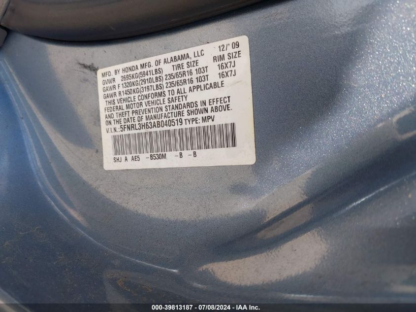 2010 Honda Odyssey Ex-L VIN: 5FNRL3H63AB040519 Lot: 39813187