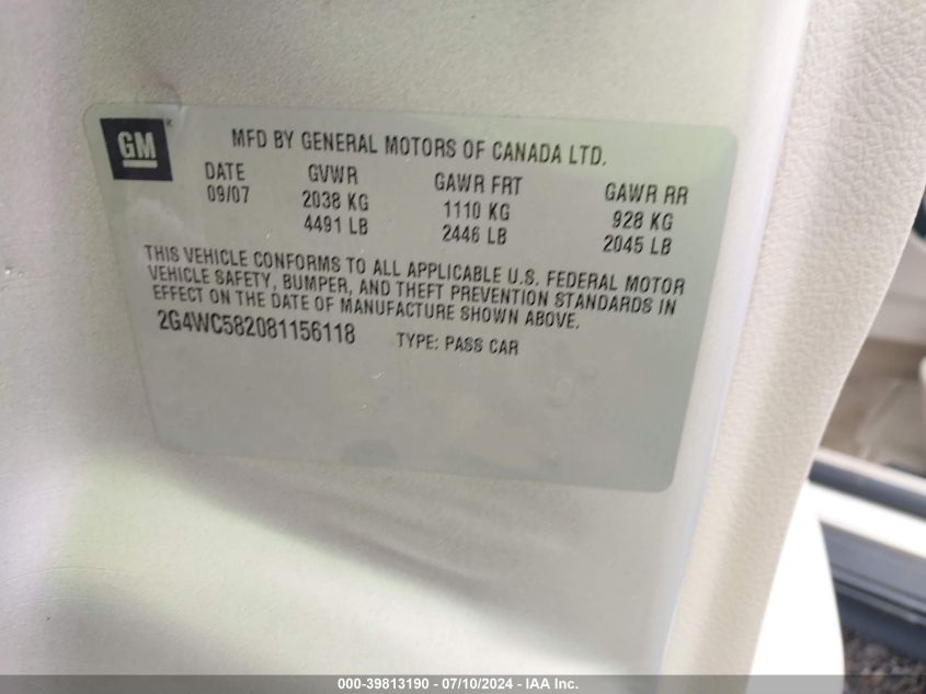 2008 Buick Lacrosse Cx VIN: 2G4WC582081156118 Lot: 39813190