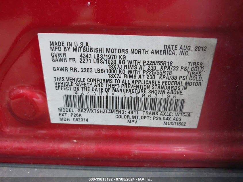 2013 Mitsubishi Outlander Sport Es VIN: 4A4AR3AU2DE003190 Lot: 39813192