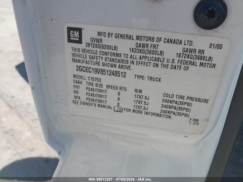 2005 Chevrolet Silverado 1500 Ls VIN: 2GCEC19V851248512 Lot: 39813207