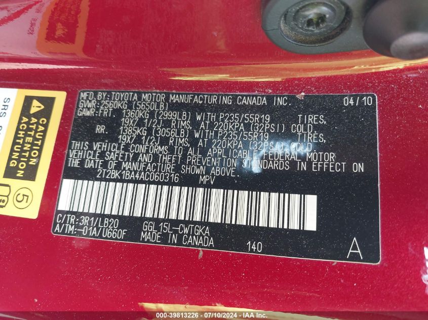 2010 Lexus Rx 350 350 VIN: 2T2BK1BA4AC060316 Lot: 39813226