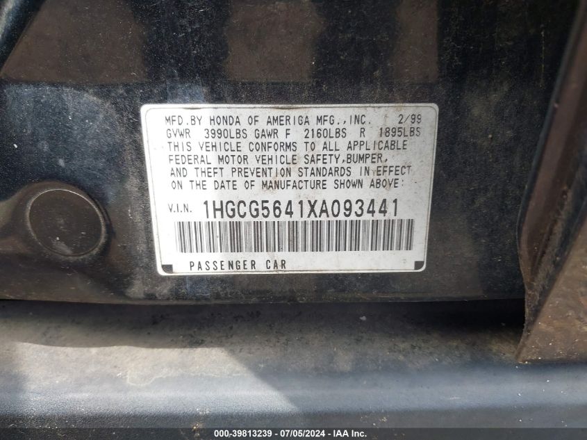 1999 Honda Accord Lx VIN: 1HGCG5641XA093441 Lot: 39813239