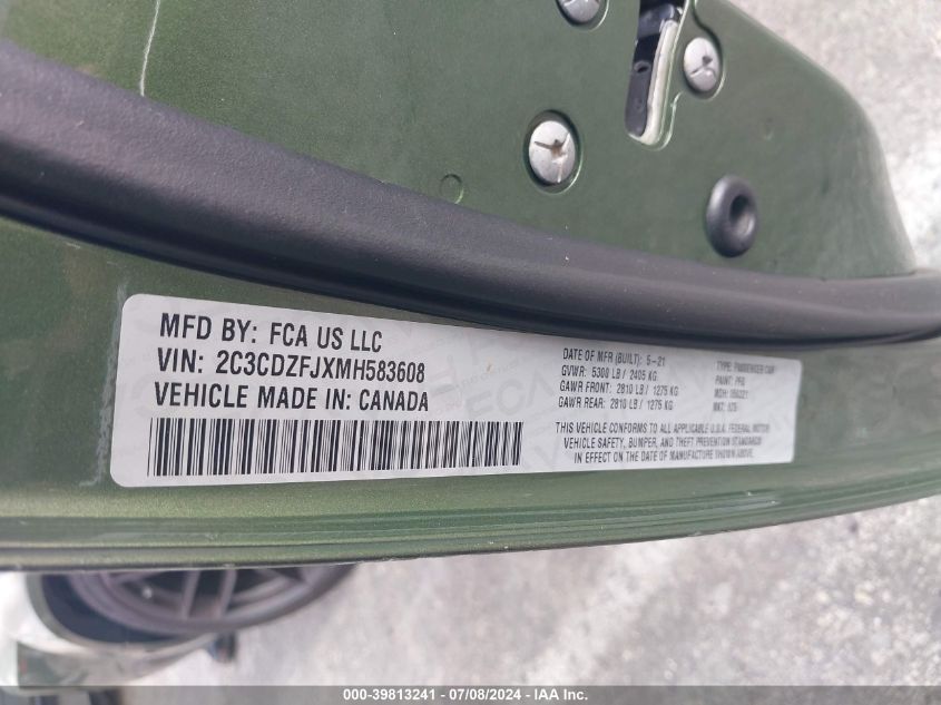 2021 Dodge Challenger R/T Scat Pack VIN: 2C3CDZFJXMH583608 Lot: 39813241