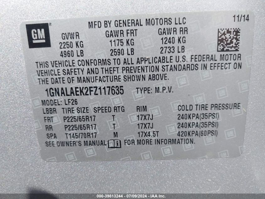 2015 Chevrolet Equinox Ls VIN: 1GNALAEK2FZ117635 Lot: 39813244