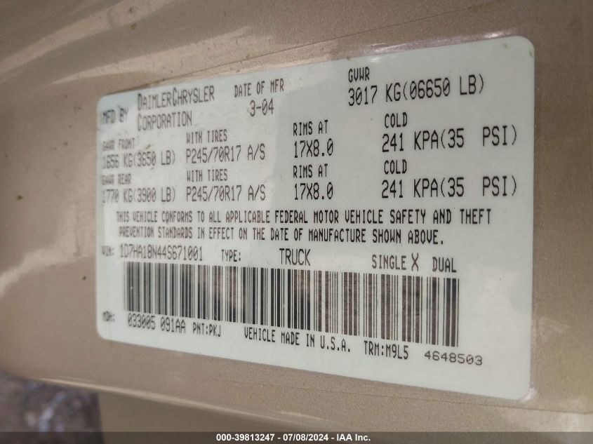 2004 Dodge Ram 1500 Slt/Laramie VIN: 1D7HA18N44S671001 Lot: 39813247