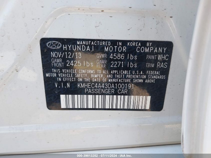 2013 Hyundai Sonata Hybrid Limited VIN: KMHEC4A43DA100191 Lot: 39813252