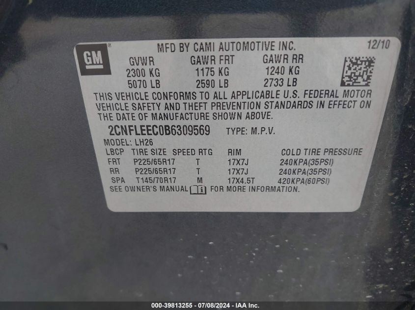 2011 Chevrolet Equinox Lt VIN: 2CNFLEEC0B6309569 Lot: 39813255