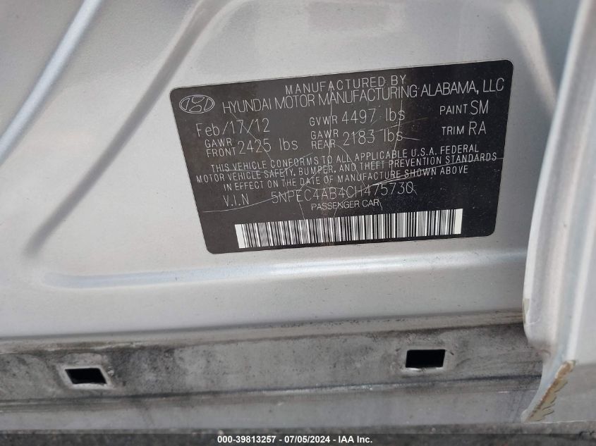 2012 Hyundai Sonata Limited 2.0T VIN: 5NPEC4AB4CH475730 Lot: 39813257