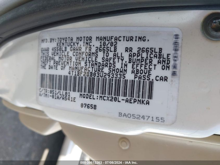 2003 Toyota Avalon Xl/Xls VIN: 4T1BF28B03U293335 Lot: 39813263