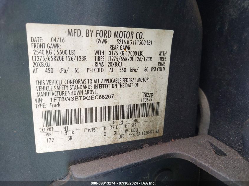 2016 Ford F-350 Lariat VIN: 1FT8W3BT9GEC66267 Lot: 39813274