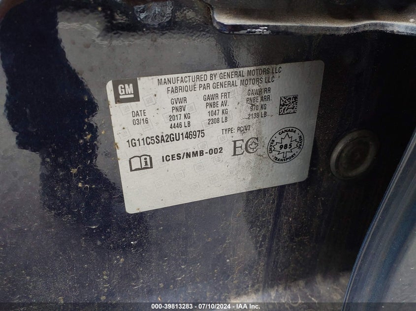 2016 Chevrolet Malibu Limited Lt VIN: 1G11C5SA2GU146975 Lot: 39813283