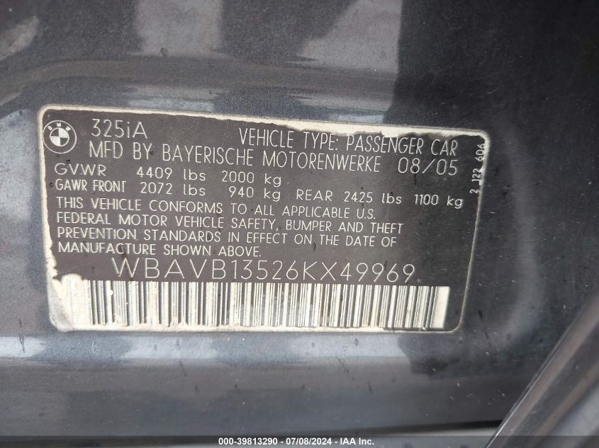 2006 BMW 325I VIN: WBAVB13526KX49969 Lot: 39813290