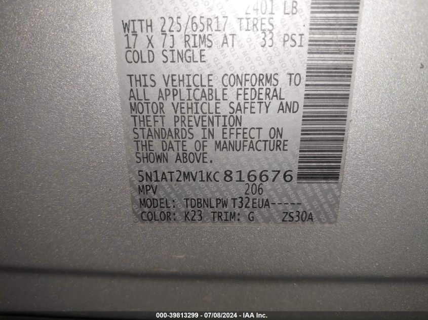 2019 Nissan Rogue S VIN: 5N1AT2MV1KC816676 Lot: 39813299