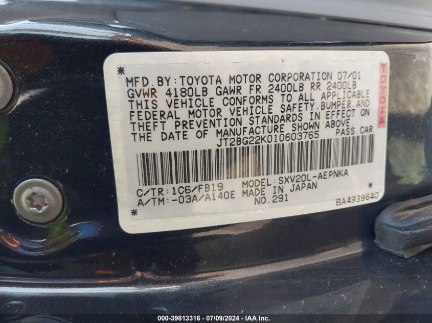 JT2BG22K010603765 2001 Toyota Camry Le