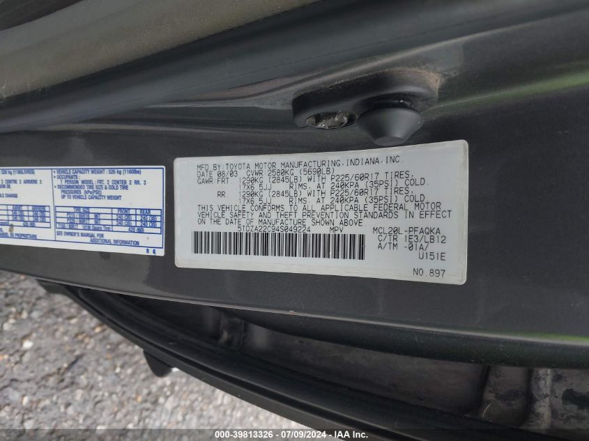 2004 Toyota Sienna Xle VIN: 5TDZA22C94S049224 Lot: 39813326