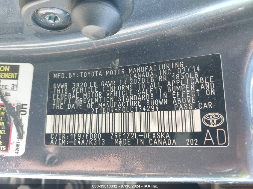 2014 Toyota Corolla S Plus VIN: 2T1BURHE0EC134294 Lot: 39813332