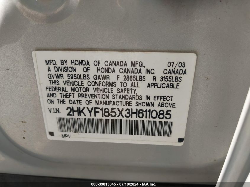 2003 Honda Pilot Ex-L VIN: 2HKYF185X3H611085 Lot: 39813345