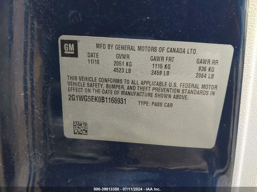 2011 Chevrolet Impala Lt VIN: 2G1WG5EK0B1168931 Lot: 39813350