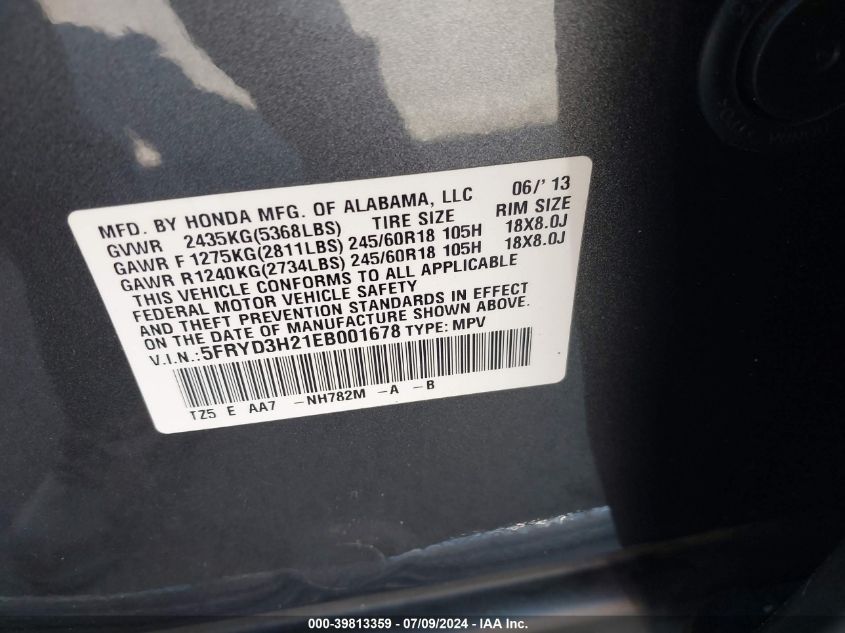 2014 Acura Mdx VIN: 5FRYD3H21EB001678 Lot: 39813359