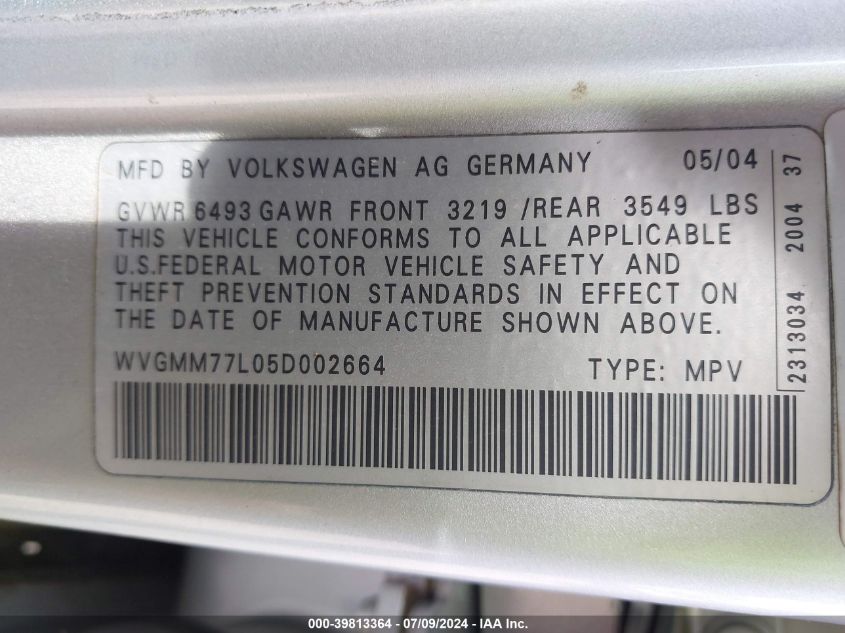 2005 Volkswagen Touareg 4.2 VIN: WVGMM77L05D002664 Lot: 39813364