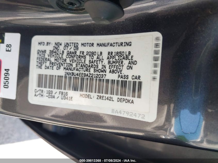 2010 Toyota Corolla S/Le/Xle VIN: 1NXBU4EE9AZ212037 Lot: 39813368