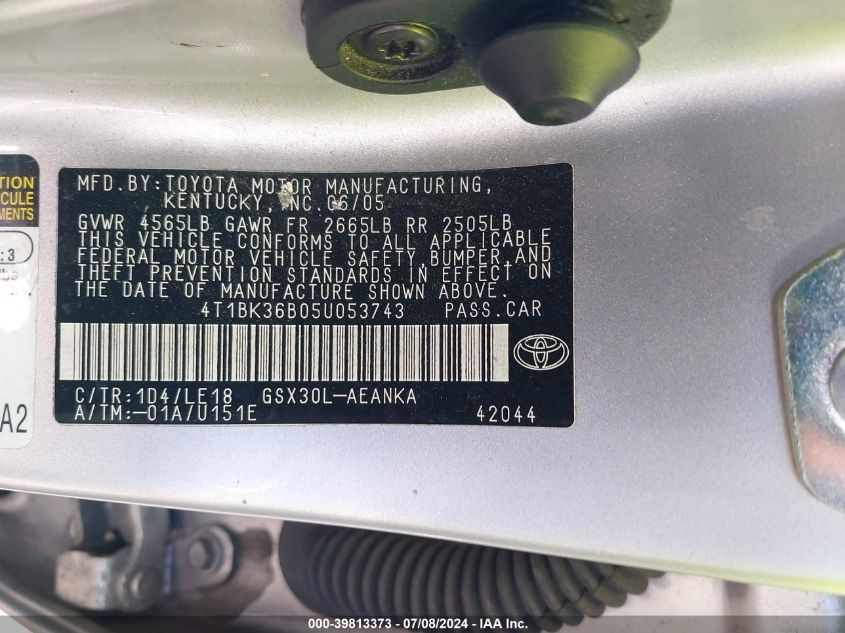 2005 Toyota Avalon Touring VIN: 4T1BK36B05U053743 Lot: 39813373