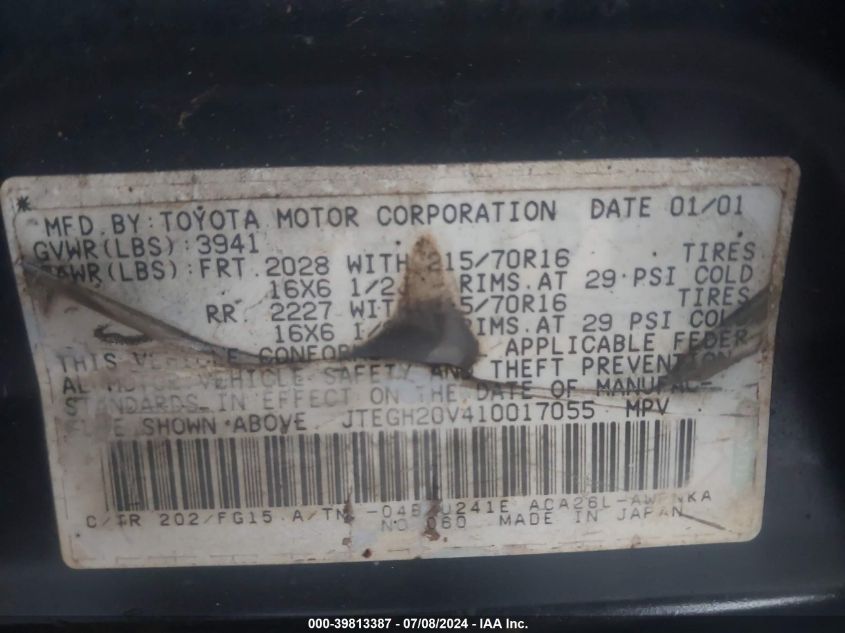 2001 Toyota Rav4 VIN: JTEGH20V410017055 Lot: 39813387