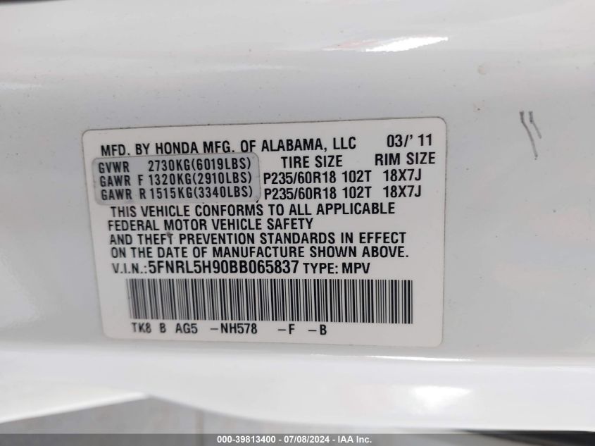 2011 Honda Odyssey Touring/Touring Elite VIN: 5FNRL5H90BB065837 Lot: 39813400