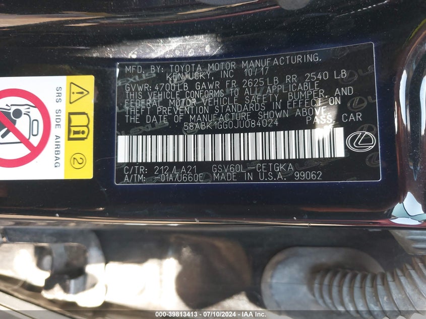 2018 Lexus Es 350 350 VIN: 58ABK1GG0JU084024 Lot: 39813413