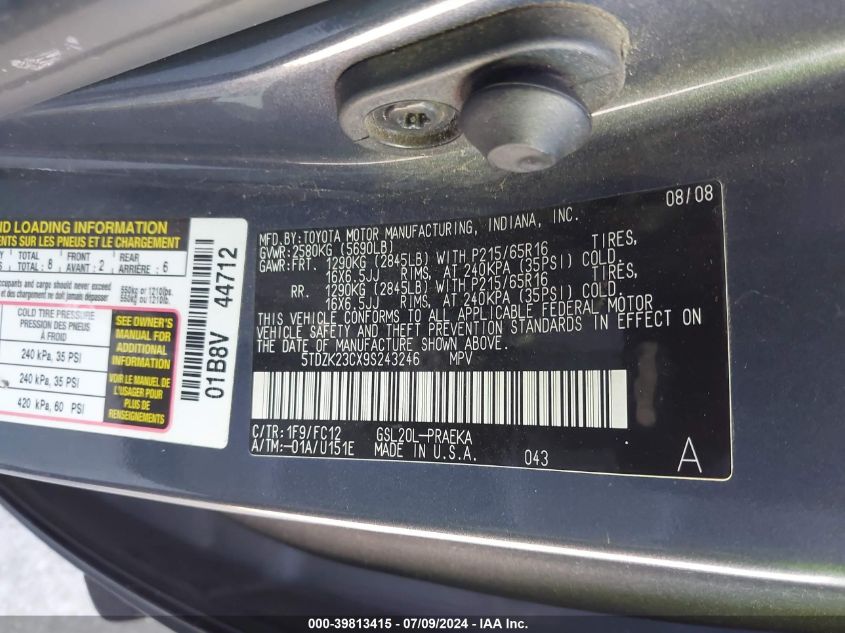 2009 Toyota Sienna Le VIN: 5TDZK23CX9S243246 Lot: 39813415