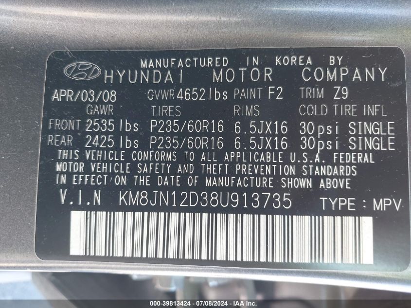 2008 Hyundai Tucson Limited V6/Se VIN: KM8JN12D38U913735 Lot: 39813424